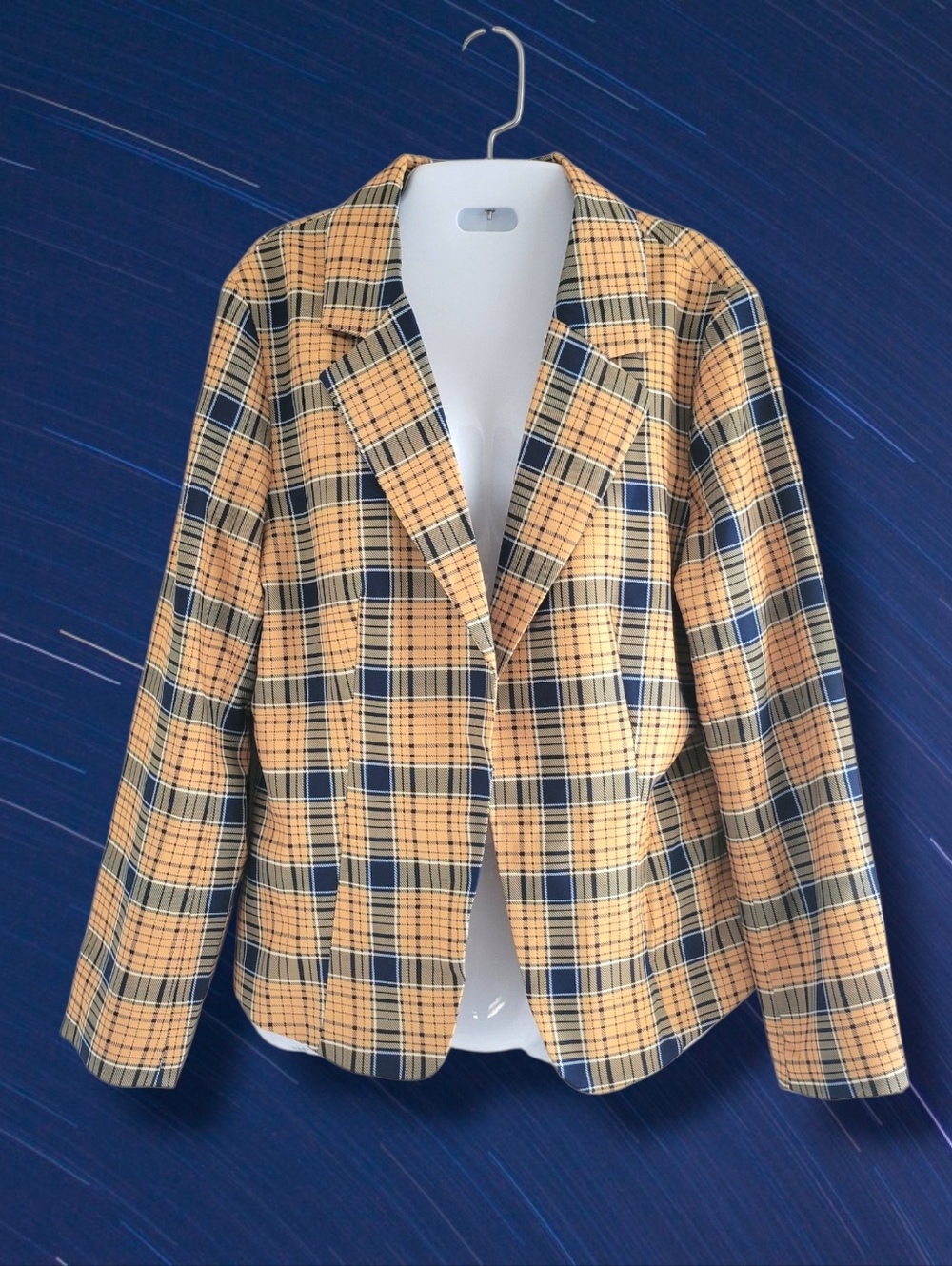 Allegra K Yellow and Navy Plaid Blazer